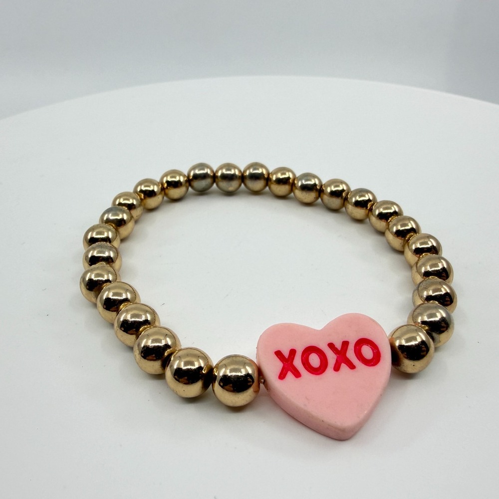 Gold Tone Bead Bracelet Pink Heart XOXO Charm Stretchy Stackable Cute Romantic